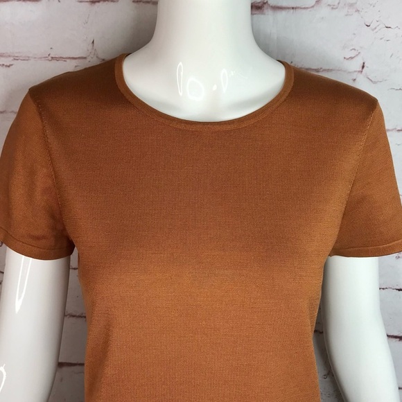 JONES NY PETITE MEDIUM Silk fine ribbed knit caramel brown short sleeve top MP - Picture 2 of 12